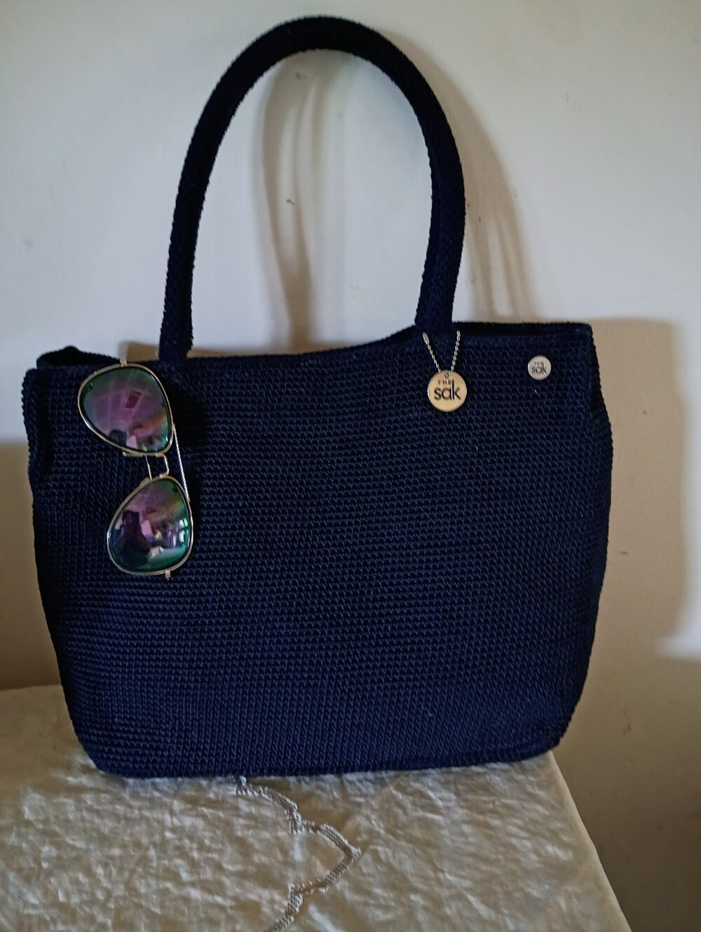 The Sak Navy Crochet Tote with Top Handles